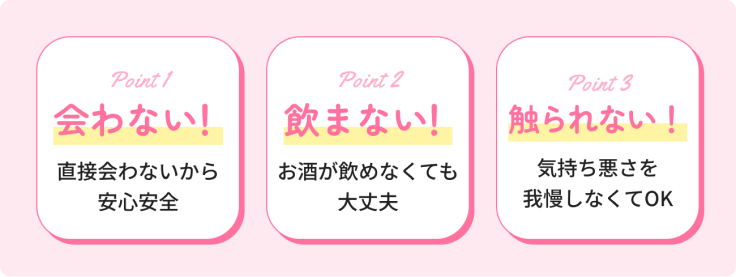 ポイント1:直接会わないから安心安全、ポイント2:お酒が飲めなくても大丈夫、ポイント3:気持ち悪さを我慢しなくてOK
